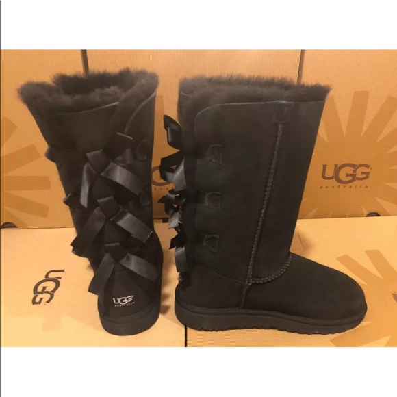 New UGG Bailey Bow Tall Black Sheepskin Suede Boot